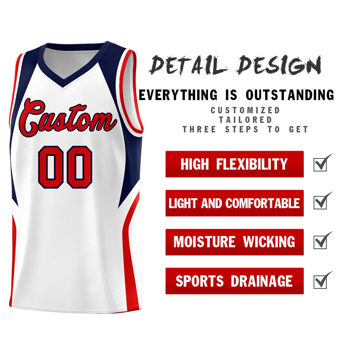 Custom White Navy and Red Color Block Sports Uniform Basketball Jersey