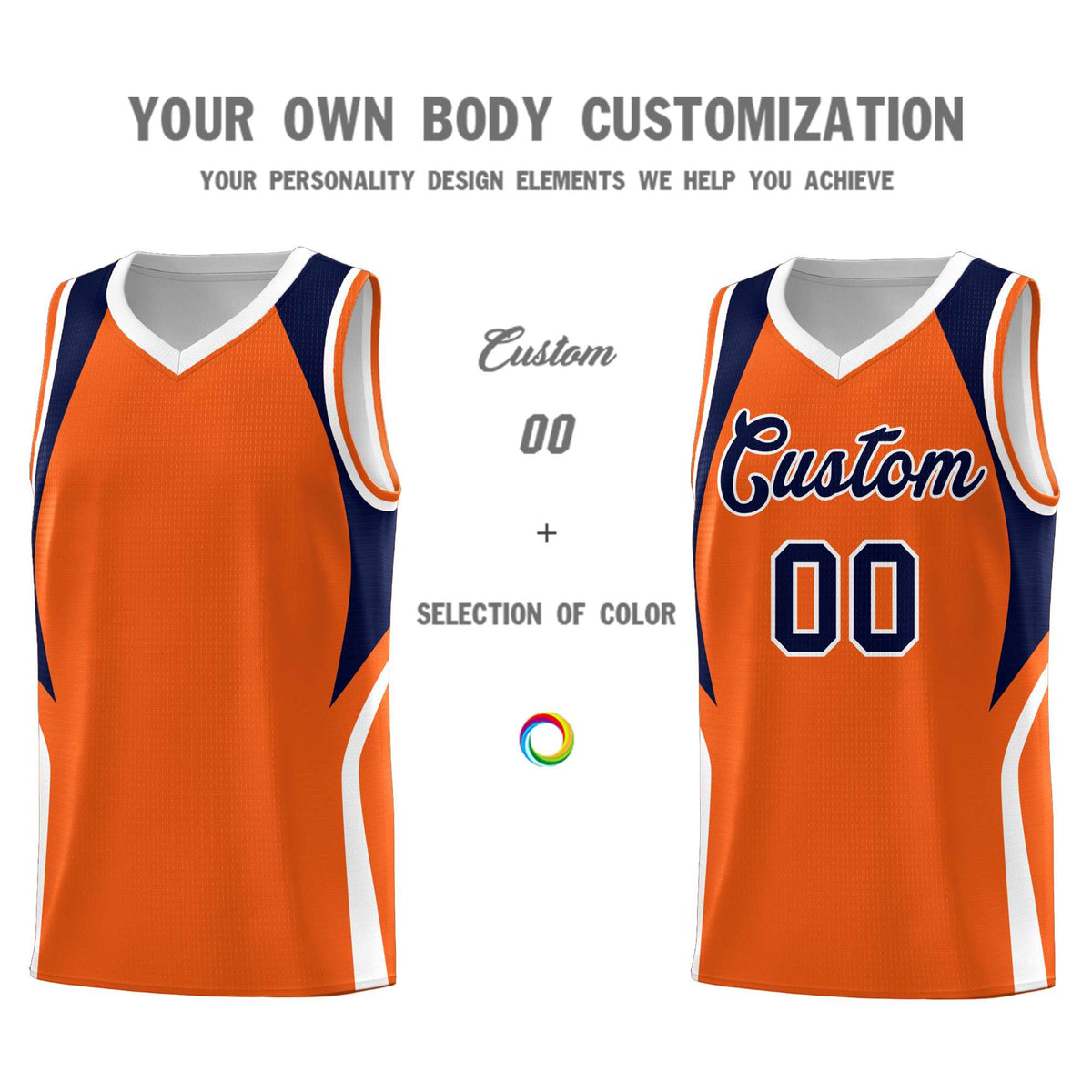 Custom Orange Navy and White Color Block Sports Uniform Basketball Jersey