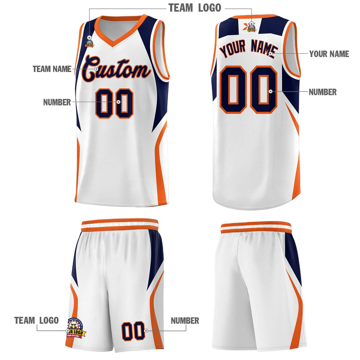 Custom White Navy and Orange Color Block Sports Uniform Basketball Jersey