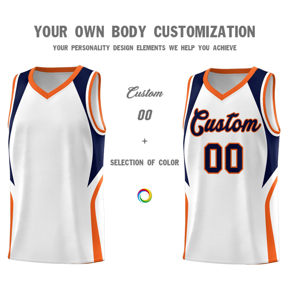 Custom White Navy and Orange Color Block Sports Uniform Basketball Jersey