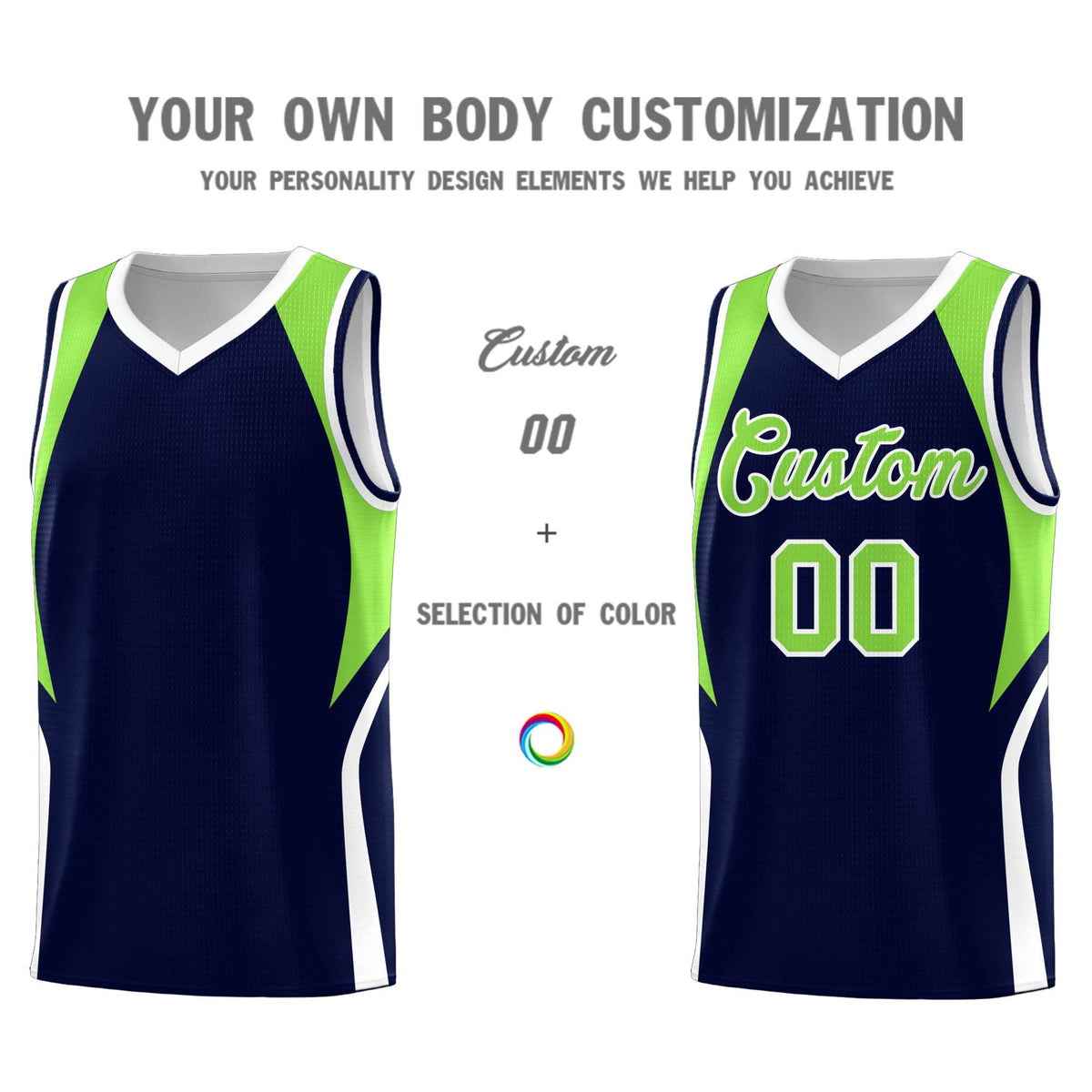 Custom Navy Neon Green and White Color Block Sports Uniform Basketball Jersey