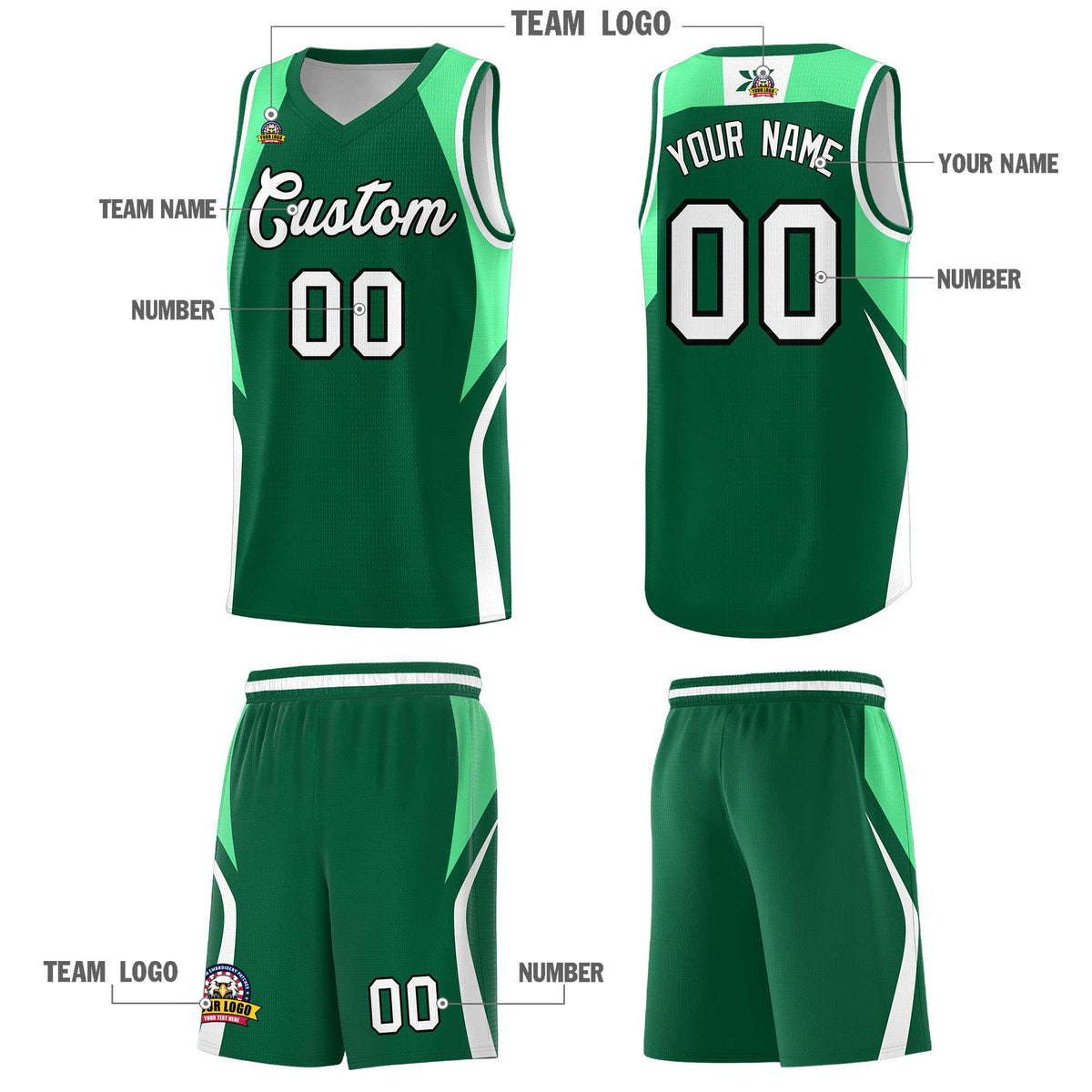 Custom Kelly Green Green and White Color Block Sports Uniform Basketball Jersey