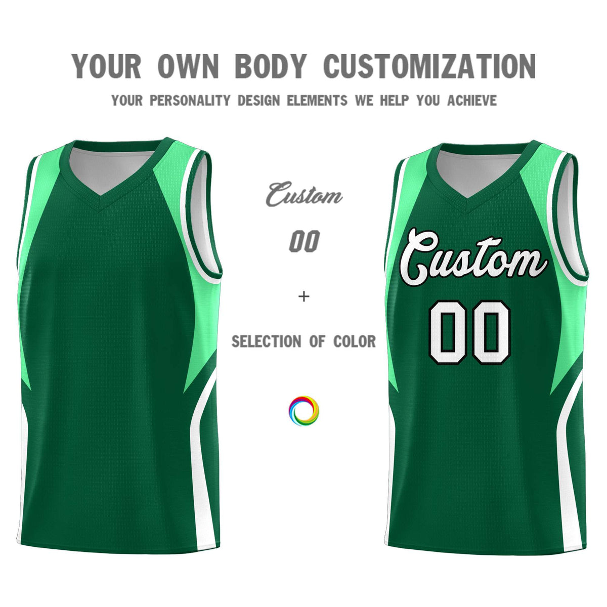 Custom Kelly Green Green and White Color Block Sports Uniform Basketball Jersey