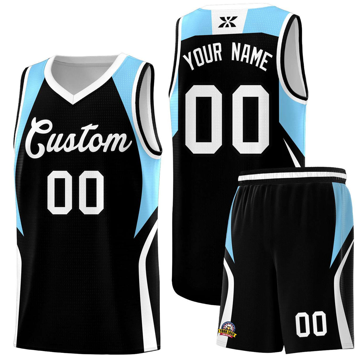 Custom Black Light Blue and White Color Block Sports Uniform Basketball Jersey