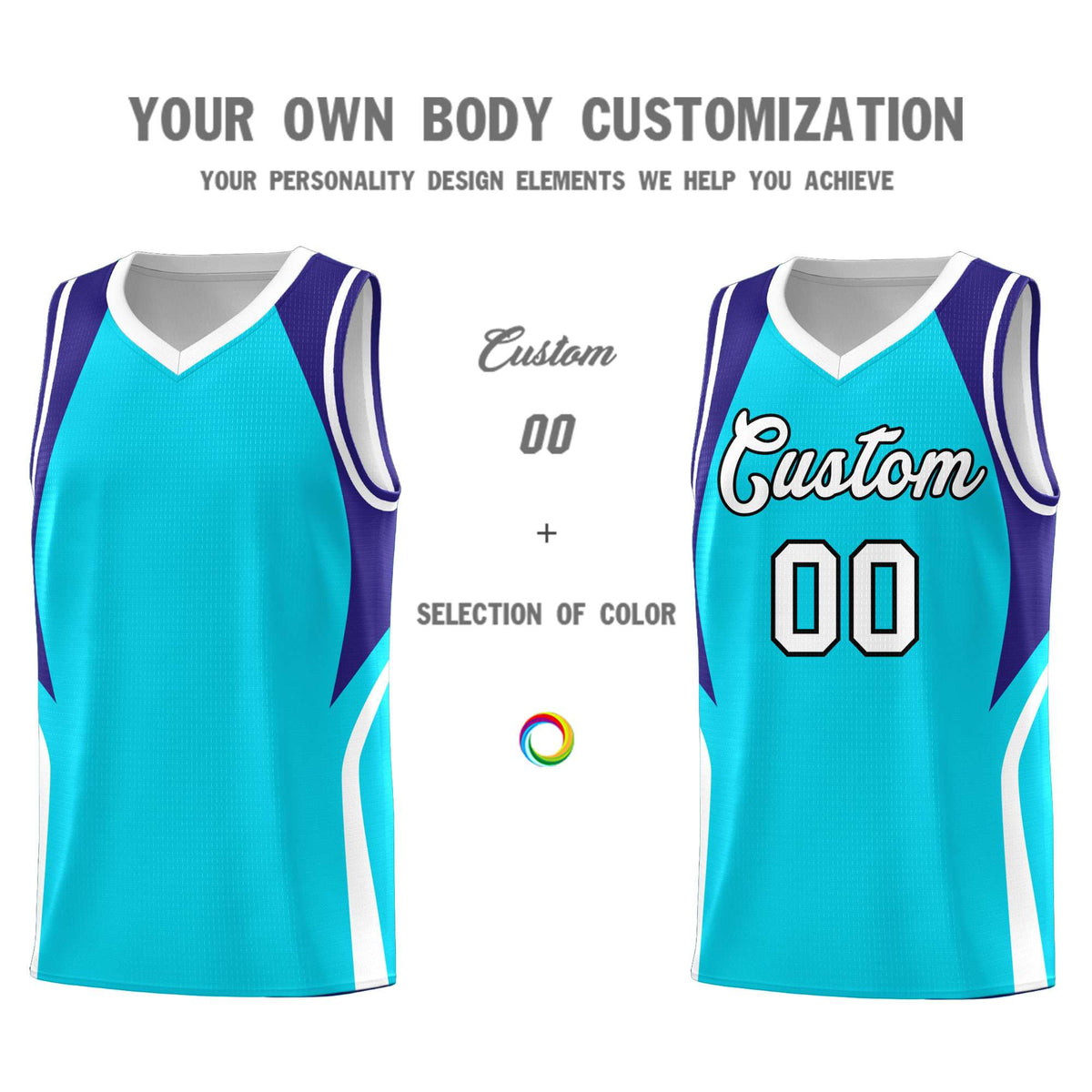 Custom Sky Blue Royal and White Color Block Sports Uniform Basketball Jersey