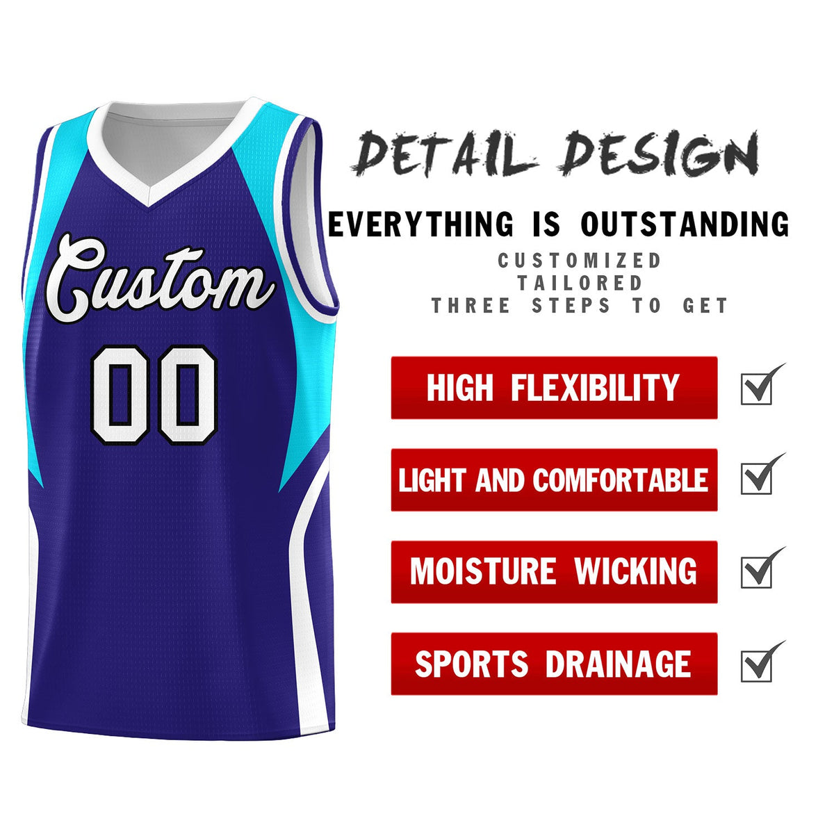 Custom Royal Sky Blue and White Color Block Sports Uniform Basketball Jersey