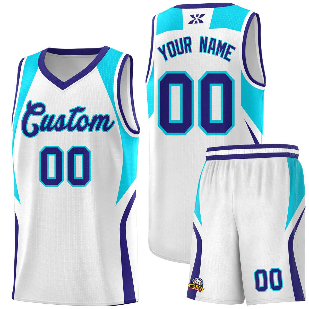 Custom White Sky Blue and Royal Color Block Sports Uniform Basketball Jersey