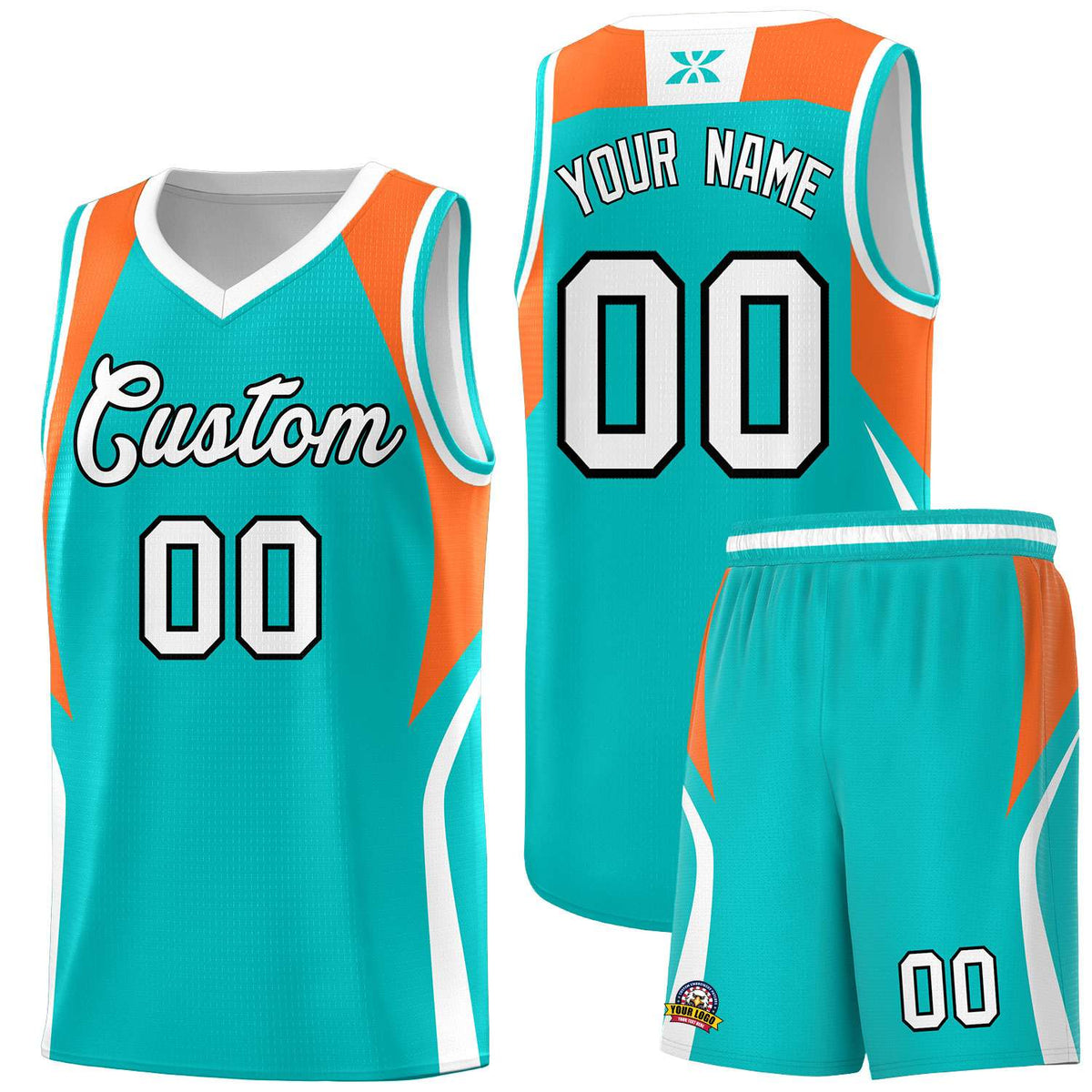 Custom Aqua Orange and White Color Block Sports Uniform Basketball Jersey
