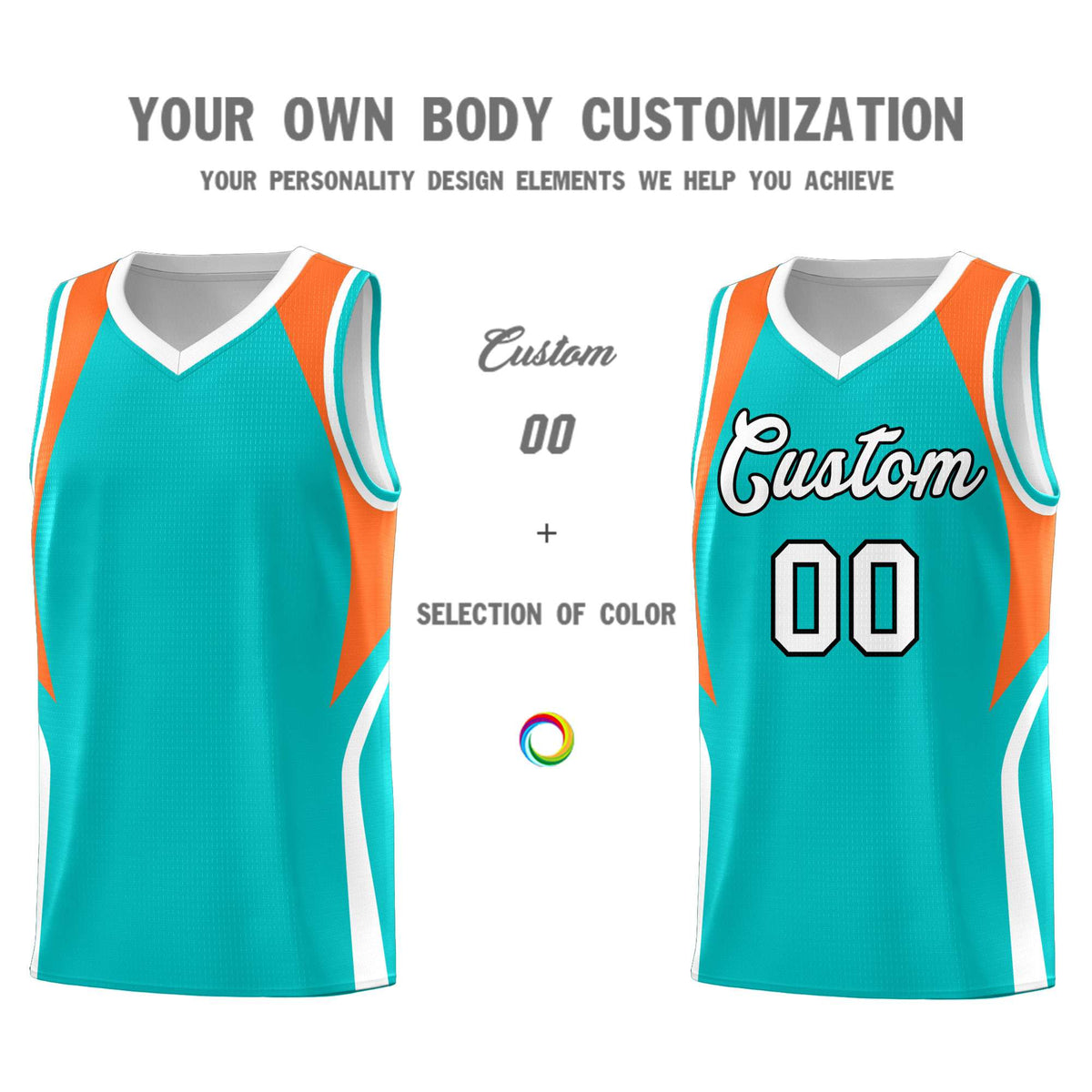 Custom Aqua Orange and White Color Block Sports Uniform Basketball Jersey