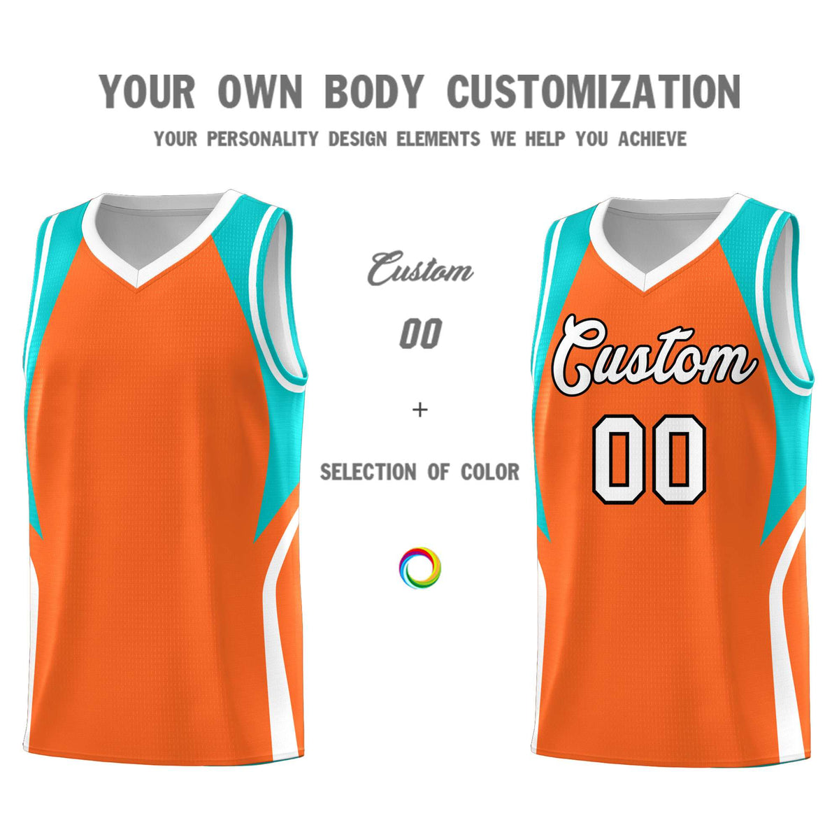 Custom Orange Aqua and White Color Block Sports Uniform Basketball Jersey