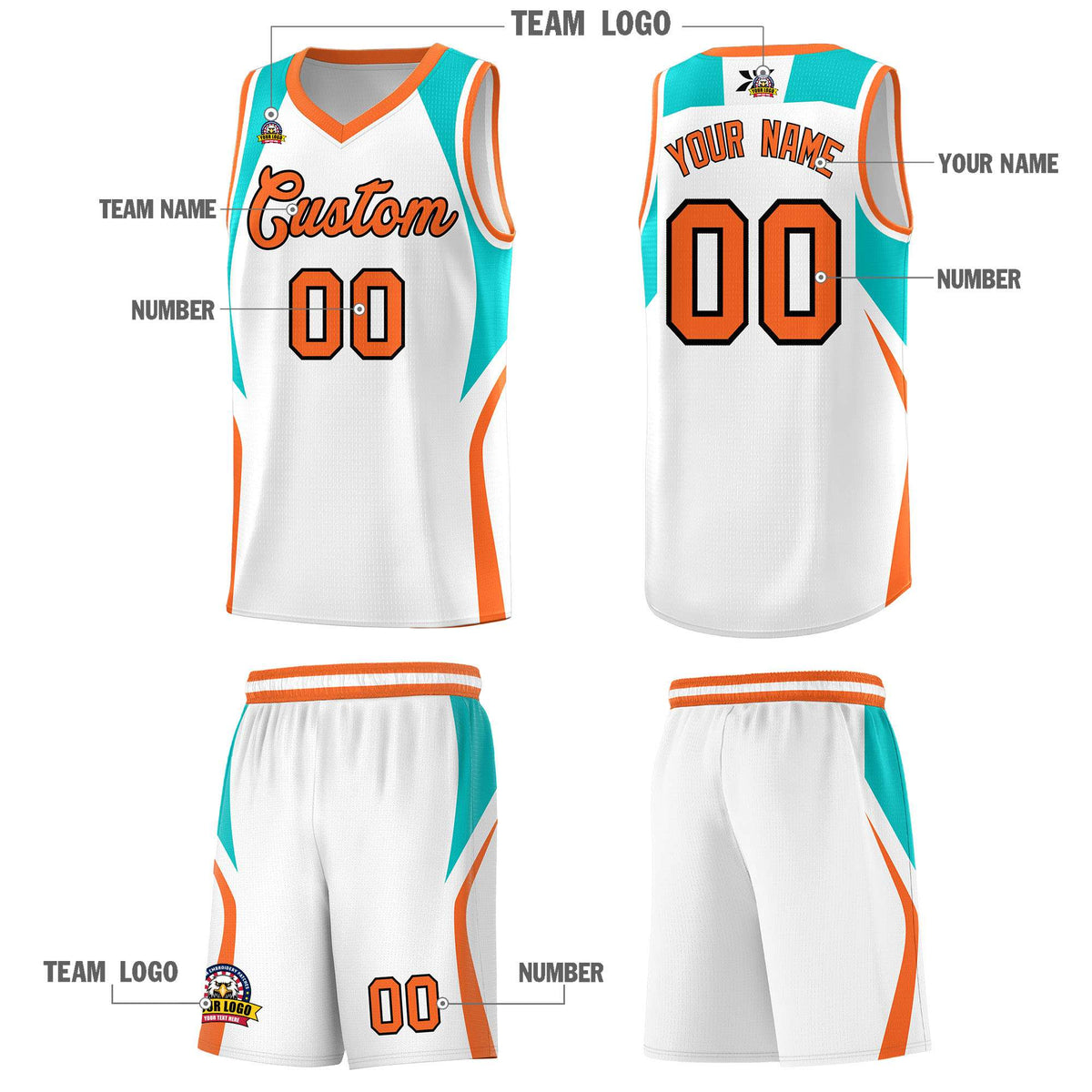 Custom White Aqua and Orange Color Block Sports Uniform Basketball Jersey