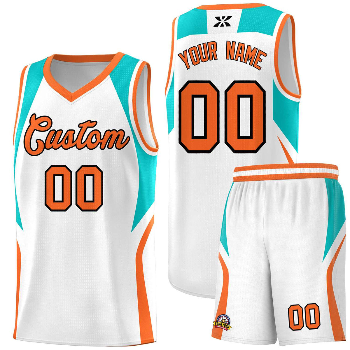 Custom White Aqua and Orange Color Block Sports Uniform Basketball Jersey