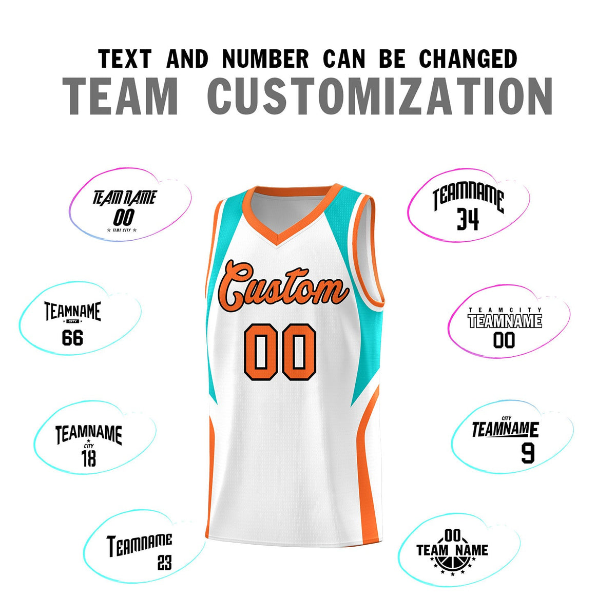 Custom White Aqua and Orange Color Block Sports Uniform Basketball Jersey