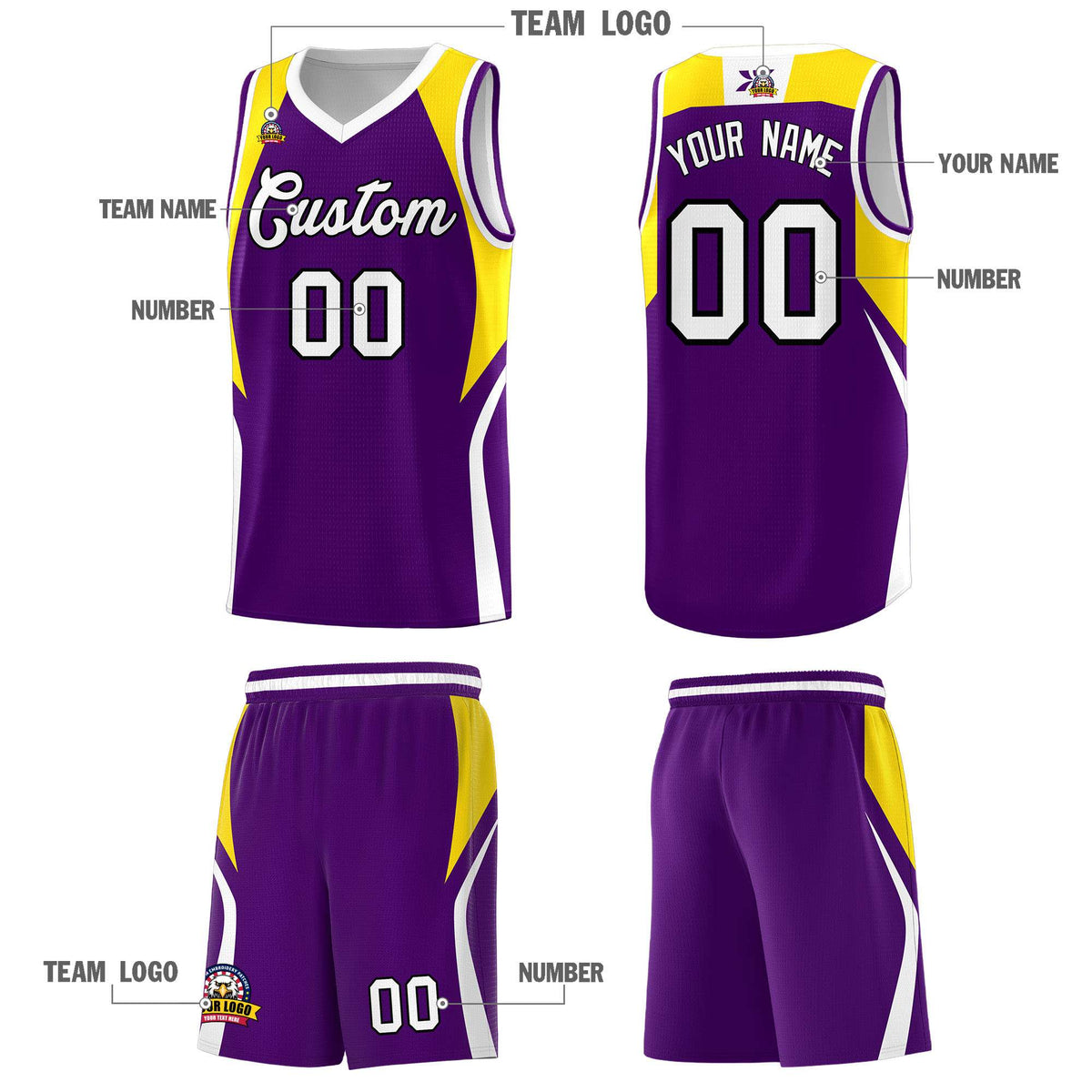 Custom Purple Gold and White Color Block Sports Uniform Basketball Jersey