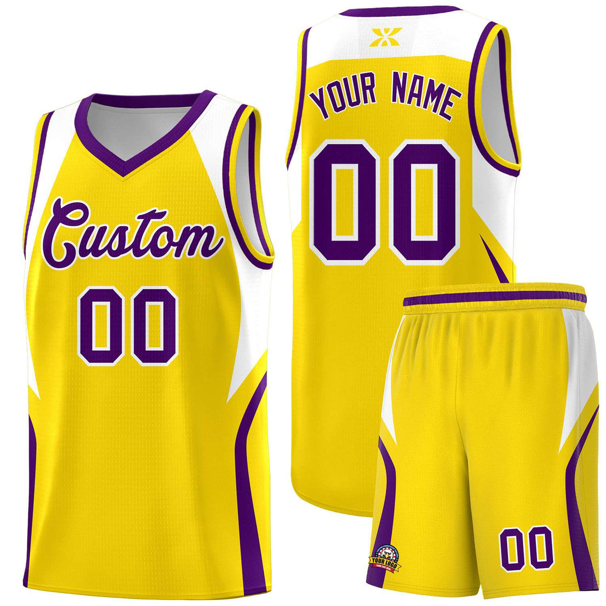 Custom Gold White and Purple Color Block Sports Uniform Basketball Jersey