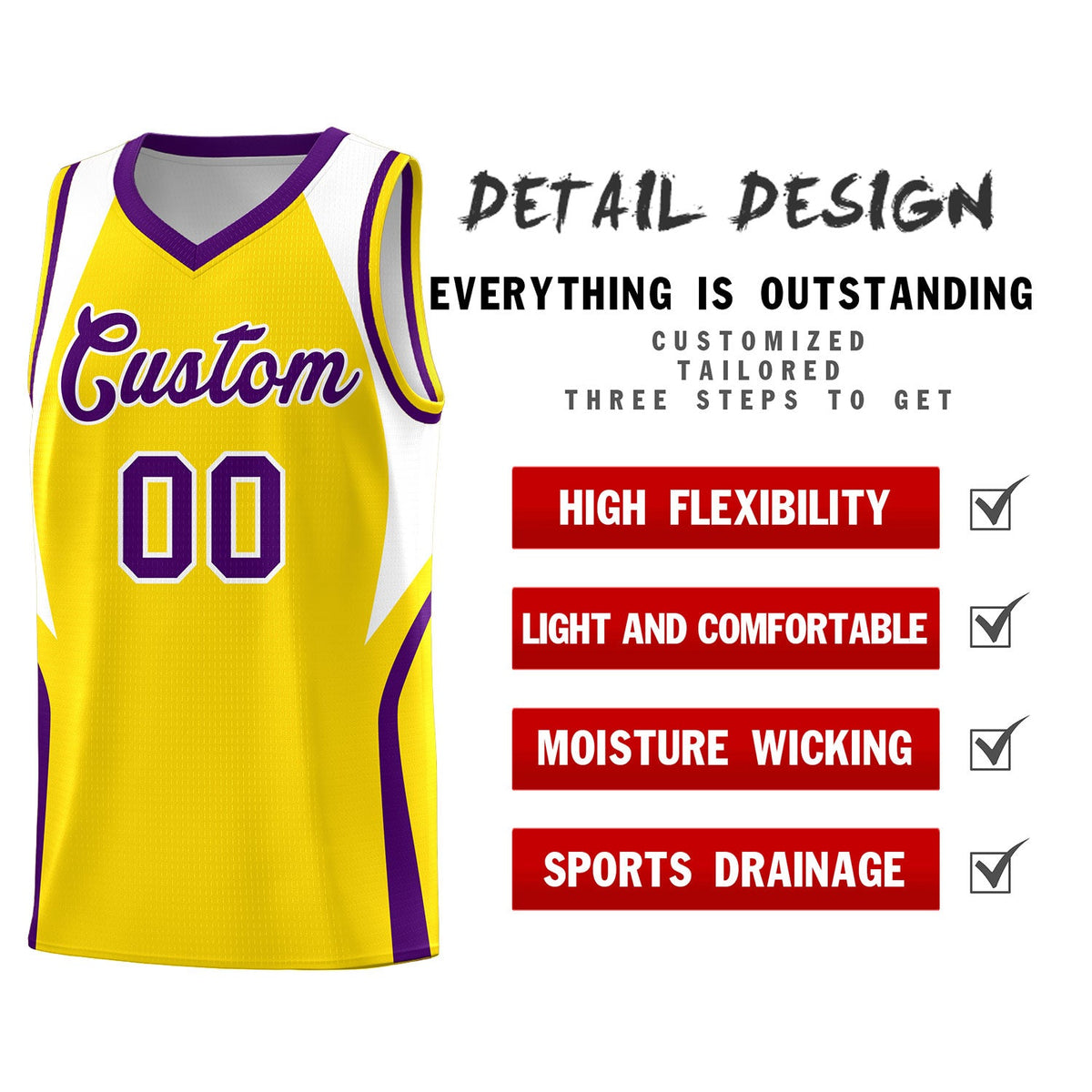 Custom Gold White and Purple Color Block Sports Uniform Basketball Jersey