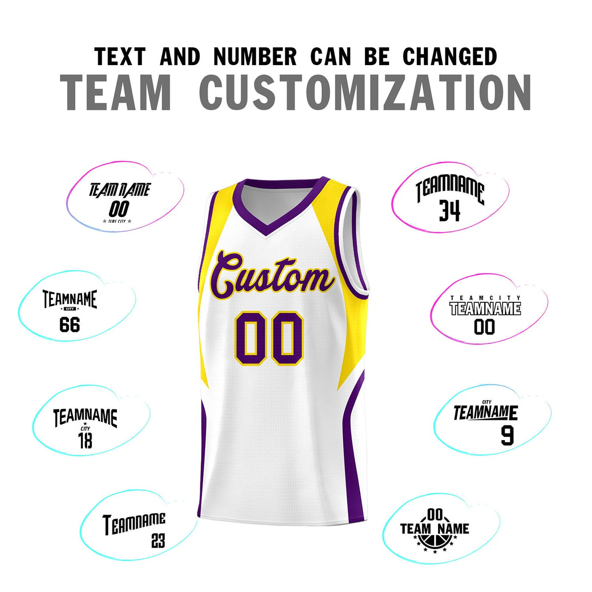 Custom White Gold and Purple Color Block Sports Uniform Basketball Jersey