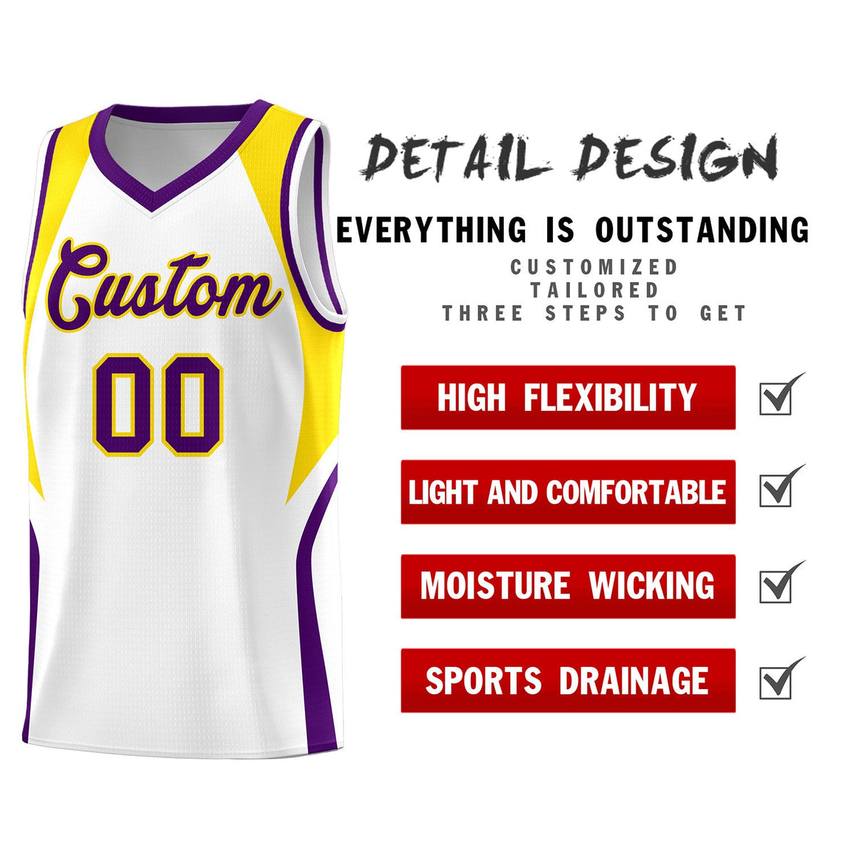 Custom White Gold and Purple Color Block Sports Uniform Basketball Jersey