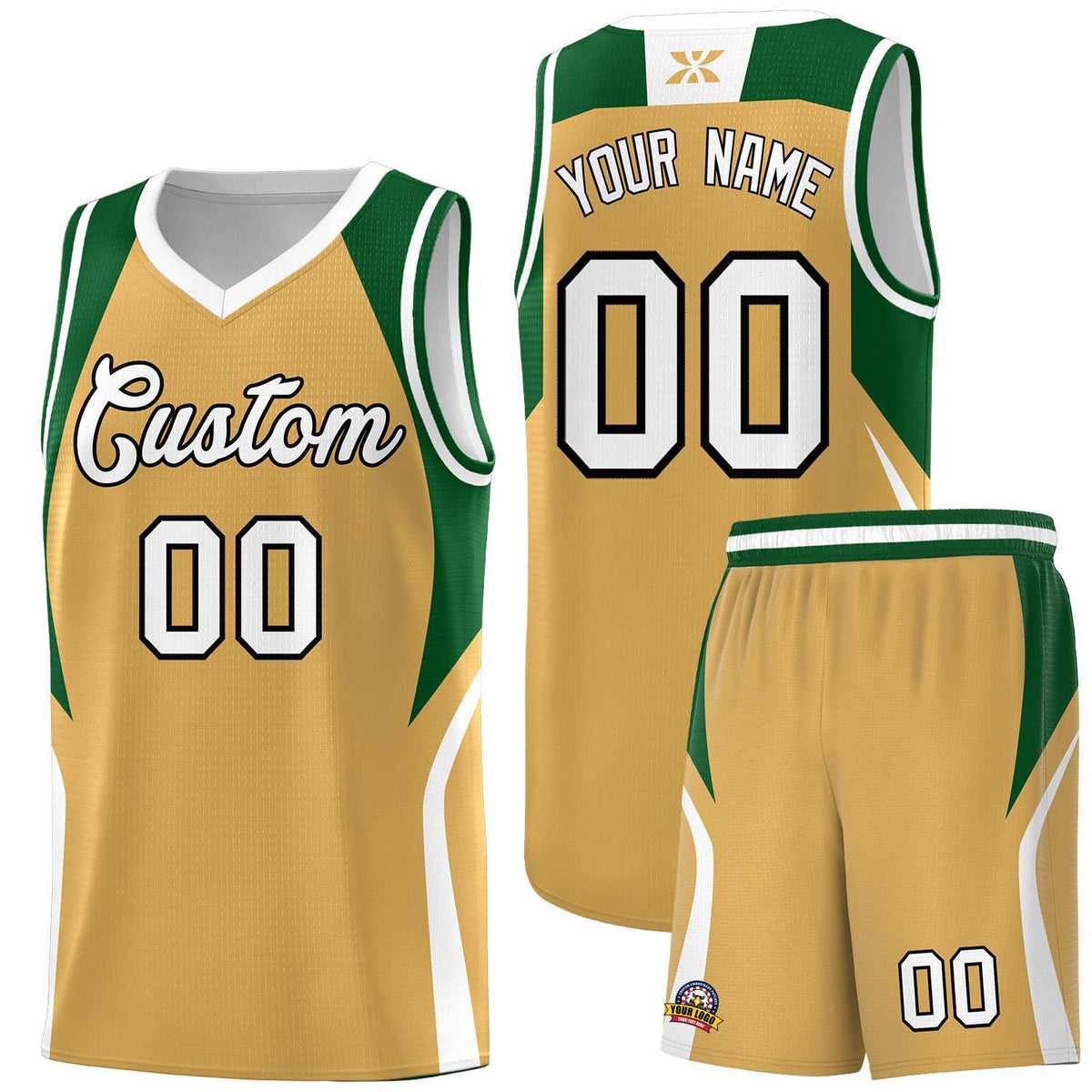 Custom Buckskin Brown Green and White Color Block Sports Uniform Basketball Jersey