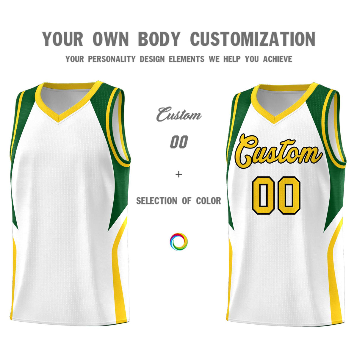 Custom White Hunter Green and Gold Color Block Sports Uniform Basketball Jersey