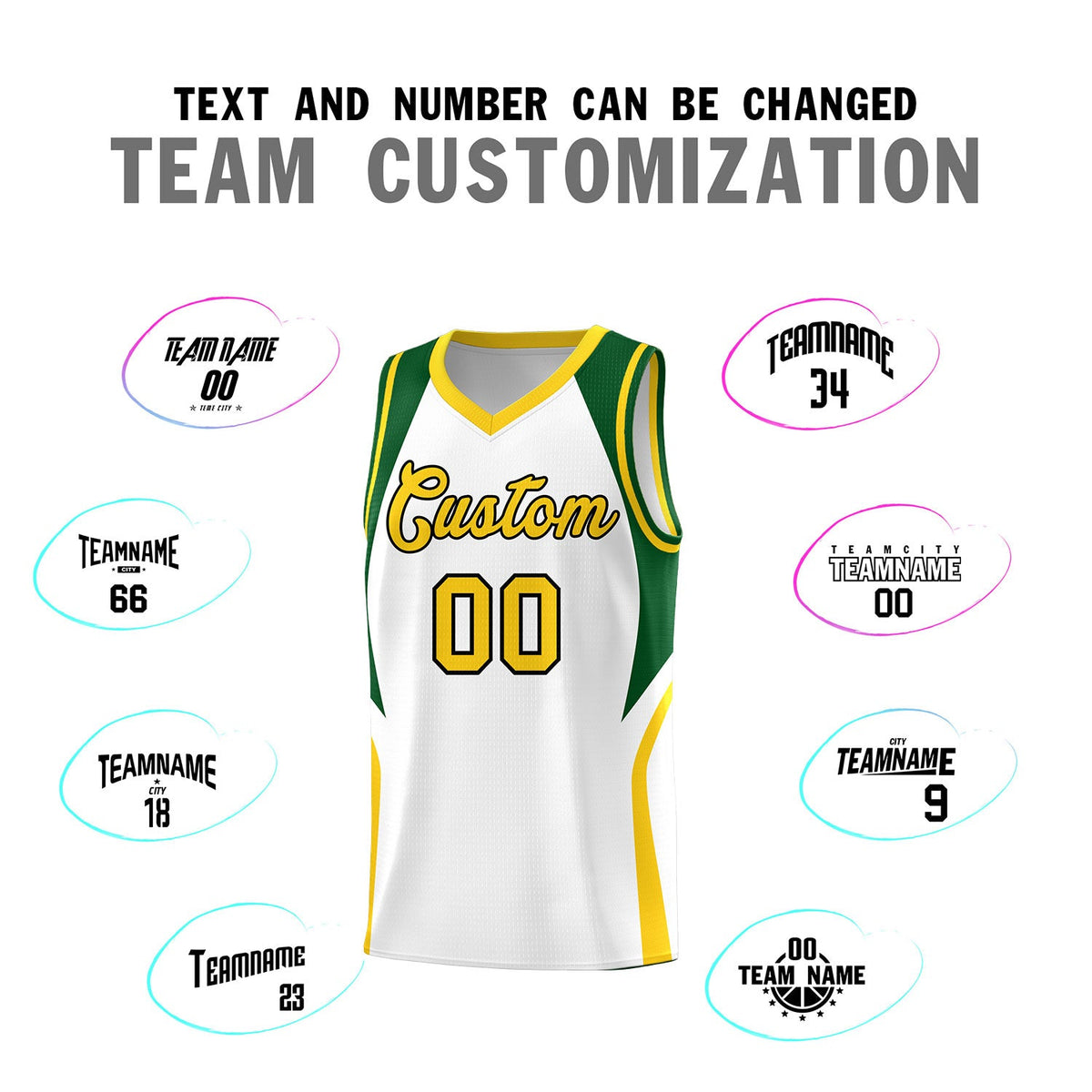 Custom White Hunter Green and Gold Color Block Sports Uniform Basketball Jersey