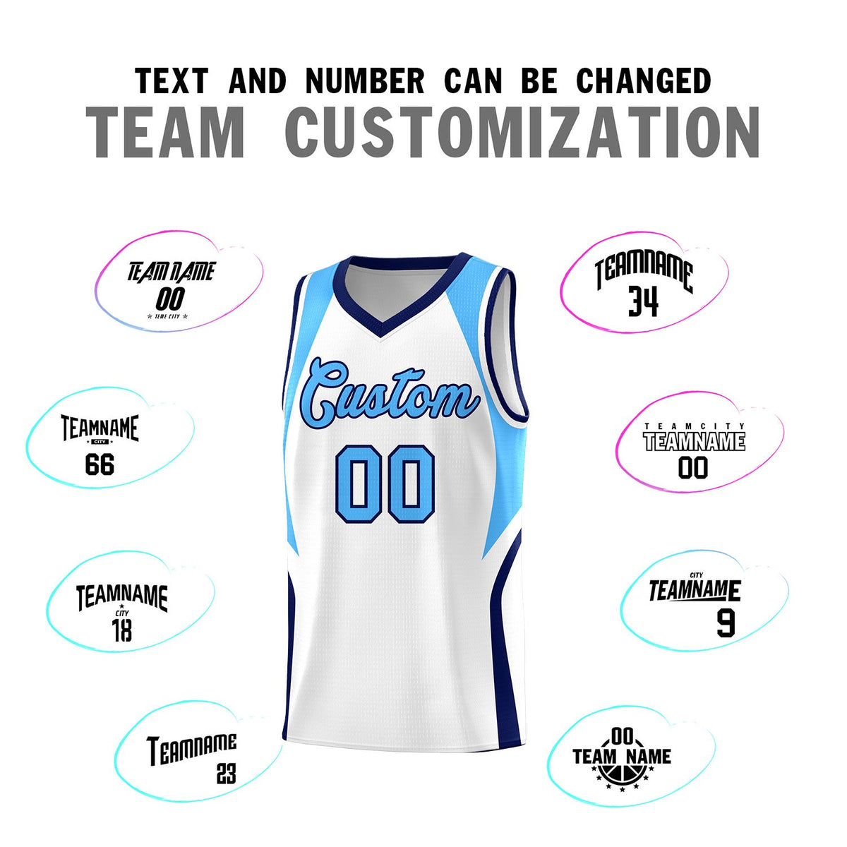 Custom White Powder Blue and Navy Color Block Sports Uniform Basketball Jersey