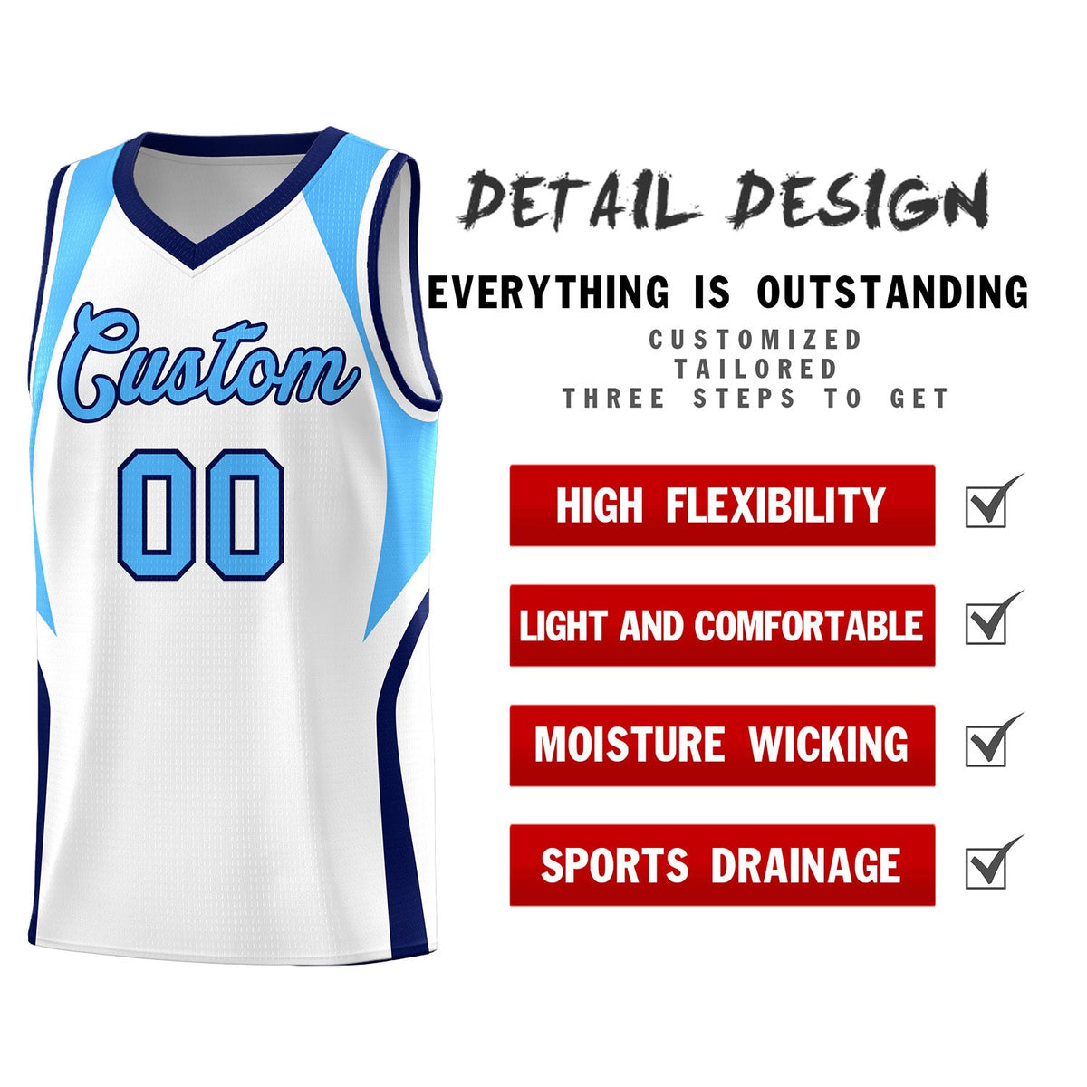 Custom White Powder Blue and Navy Color Block Sports Uniform Basketball Jersey