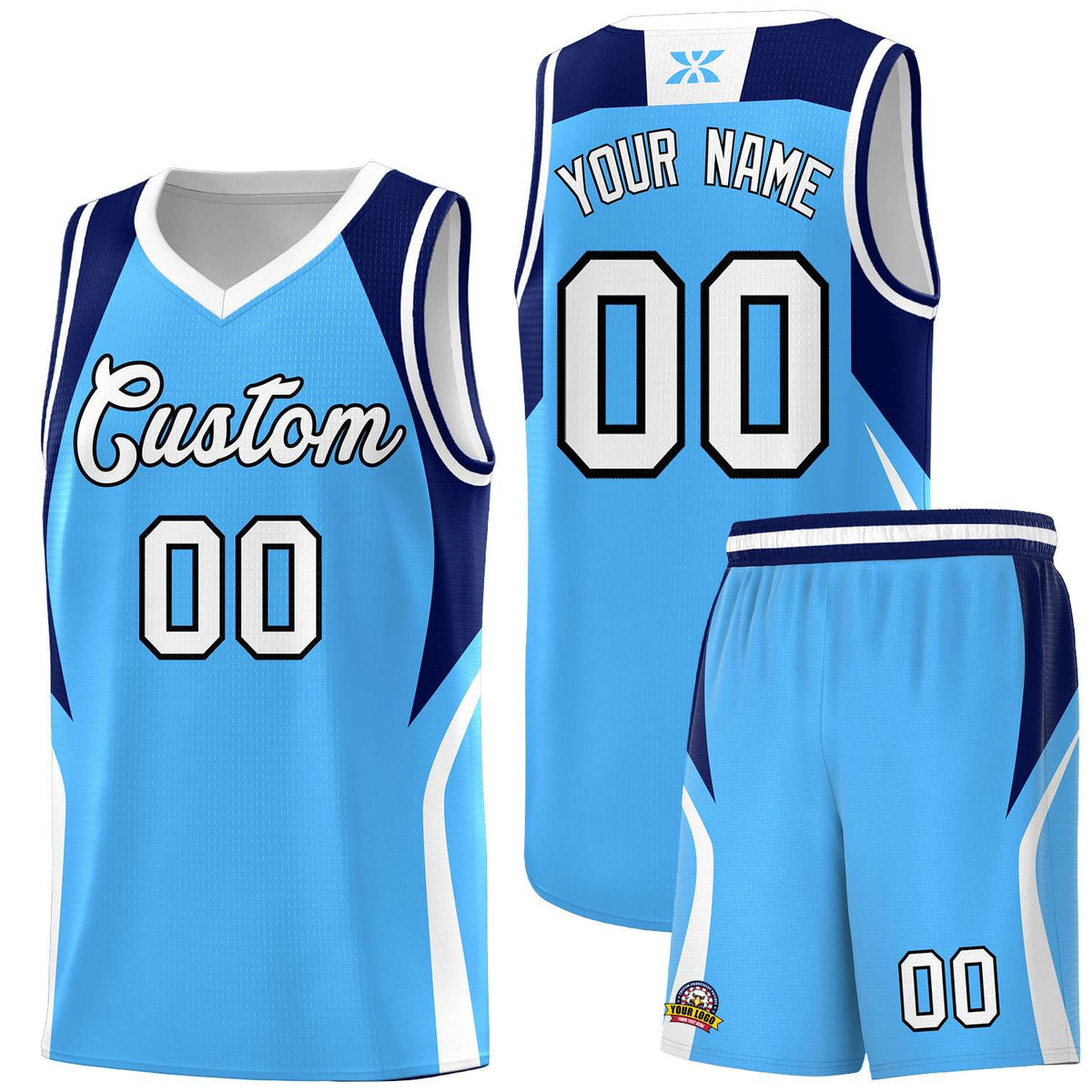 Custom Powder Blue Navy and White Color Block Sports Uniform Basketball Jersey