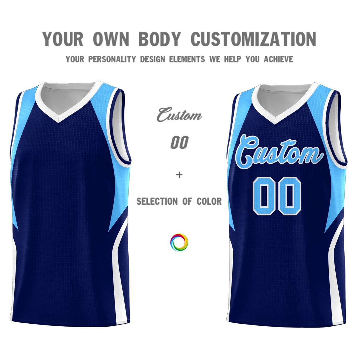 Custom Navy Powder Blue and White Color Block Sports Uniform Basketball Jersey