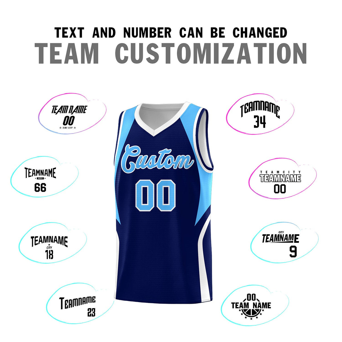 Custom Navy Powder Blue and White Color Block Sports Uniform Basketball Jersey