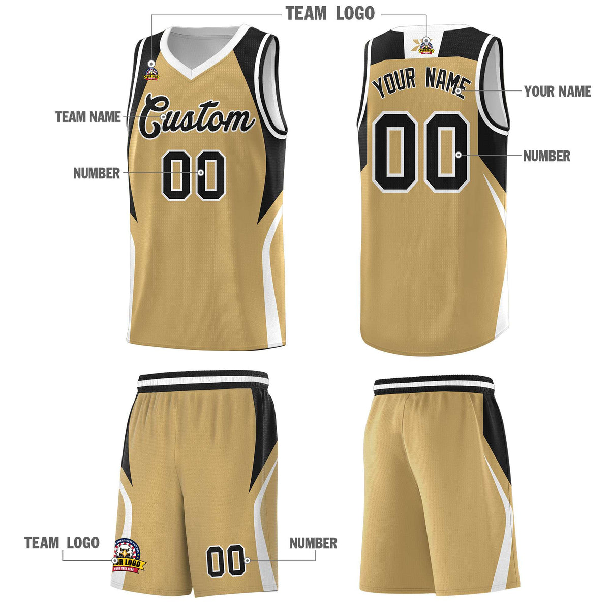 Custom Old Gold Black and White Color Block Sports Uniform Basketball Jersey