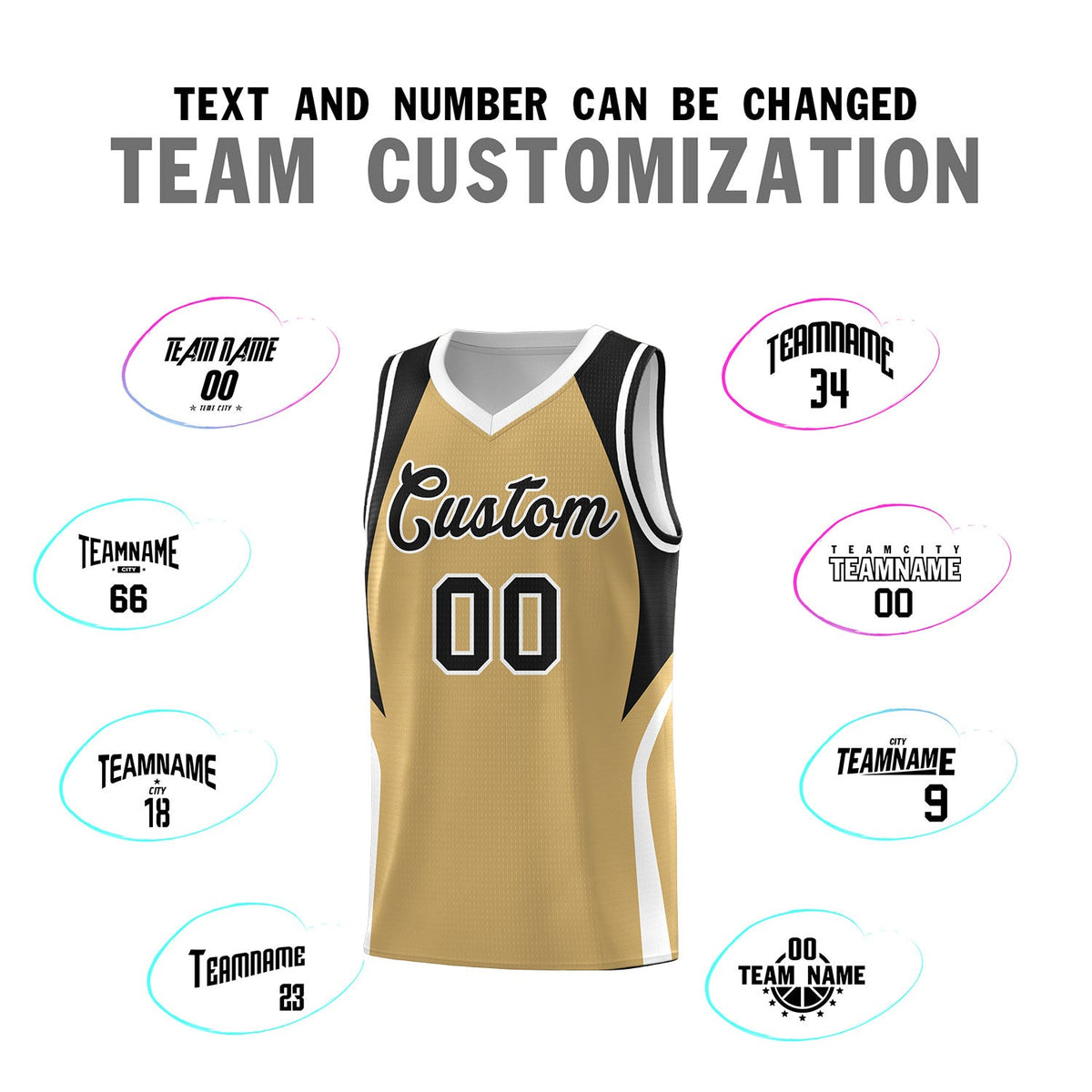 Custom Old Gold Black and White Color Block Sports Uniform Basketball Jersey