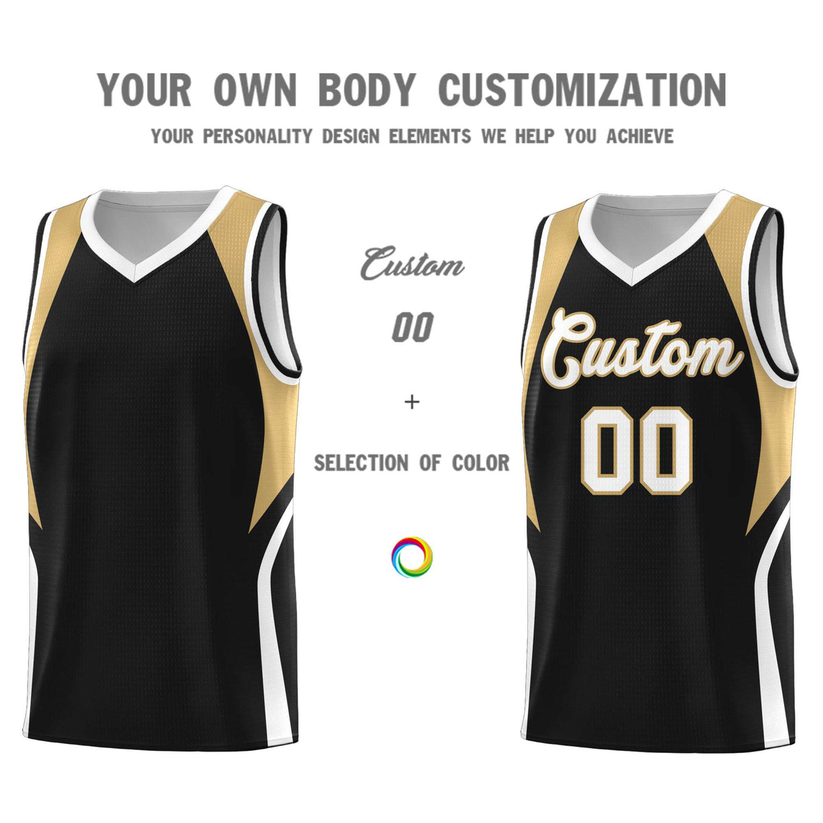 Custom Black Old Gold and White Color Block Sports Uniform Basketball Jersey