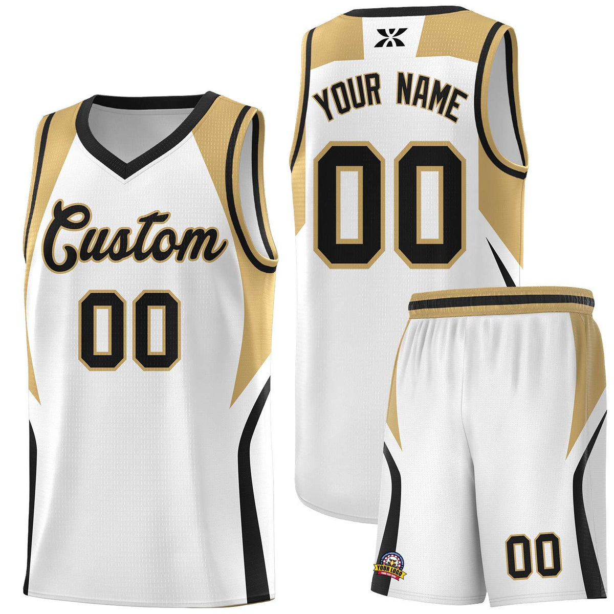 Custom White Old Gold and Black Color Block Sports Uniform Basketball Jersey