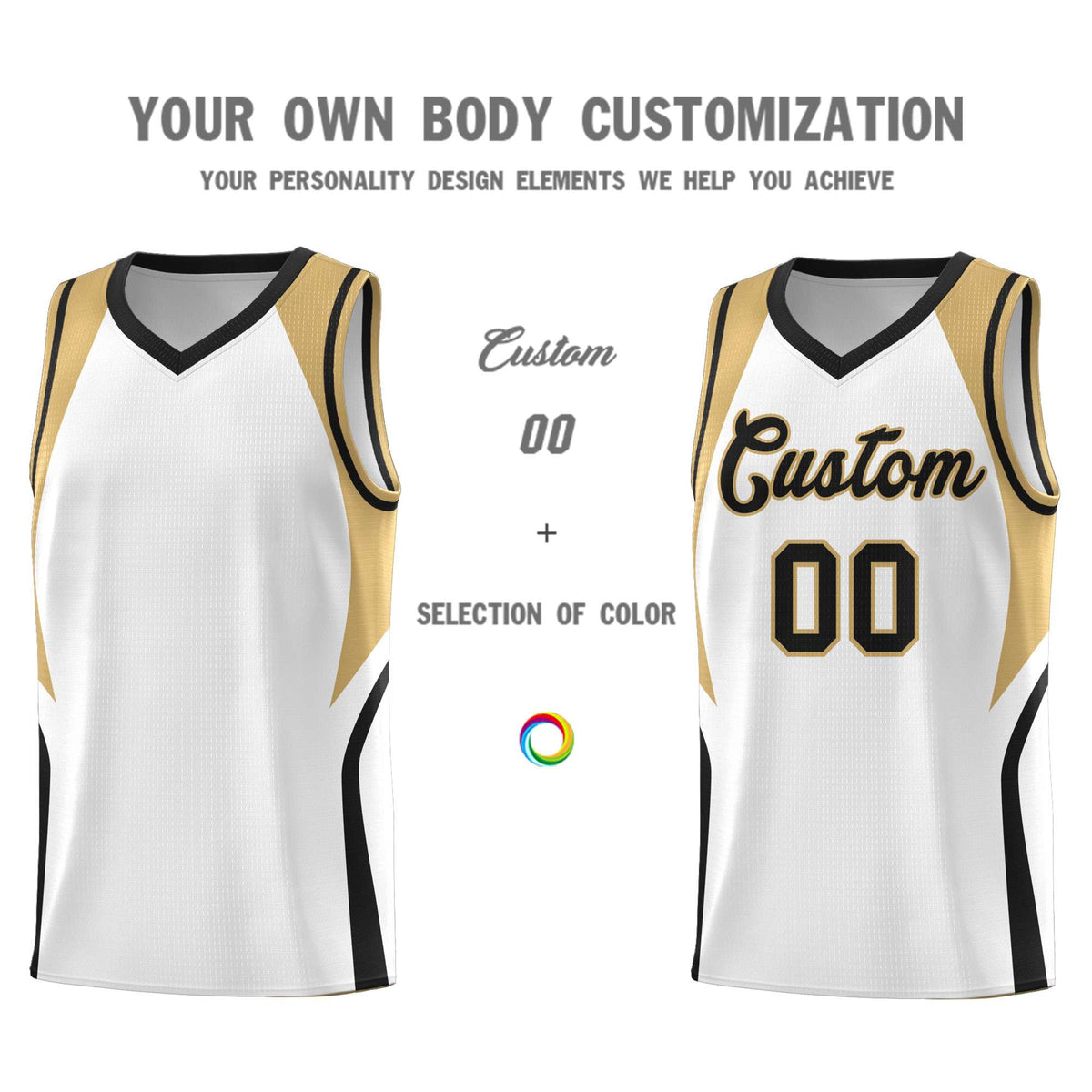 Custom White Old Gold and Black Color Block Sports Uniform Basketball Jersey