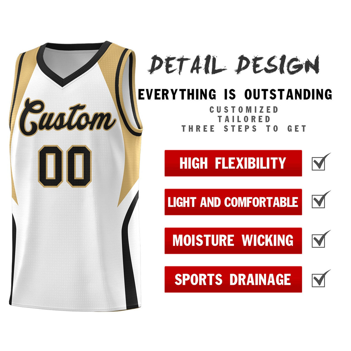 Custom White Old Gold and Black Color Block Sports Uniform Basketball Jersey