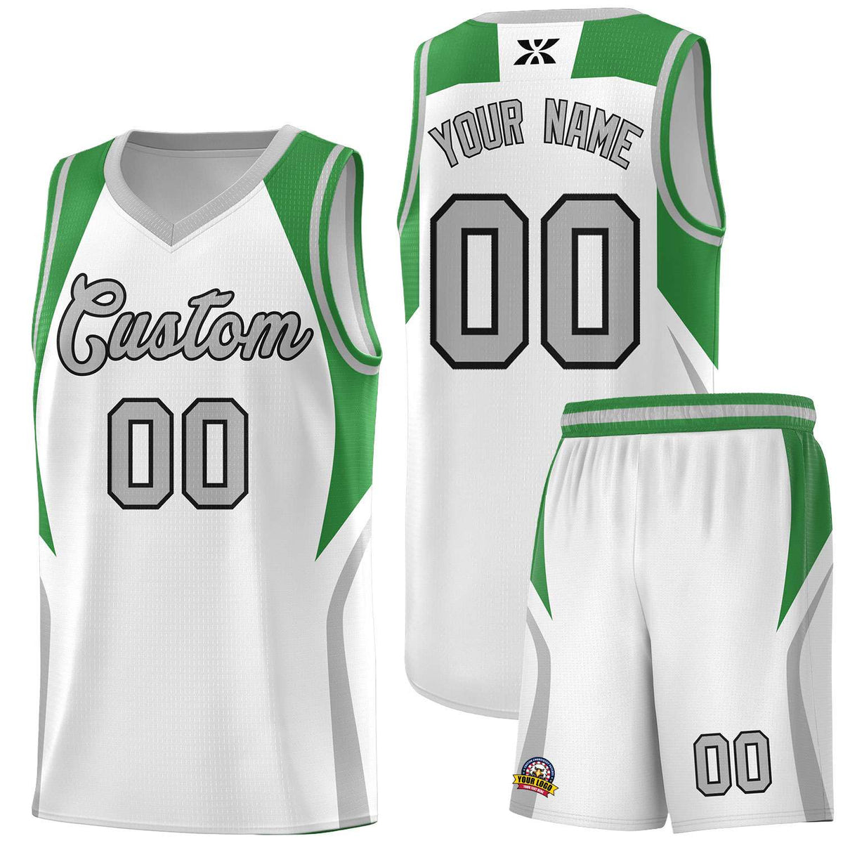 Custom White Green and Gray Color Block Sports Uniform Basketball Jersey