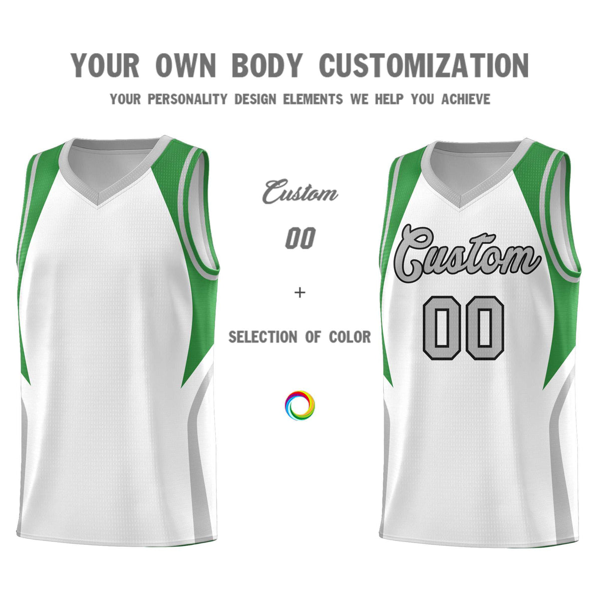 Custom White Green and Gray Color Block Sports Uniform Basketball Jersey
