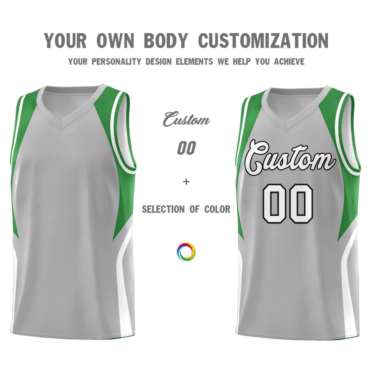 Custom Gray Green and White Color Block Sports Uniform Basketball Jersey