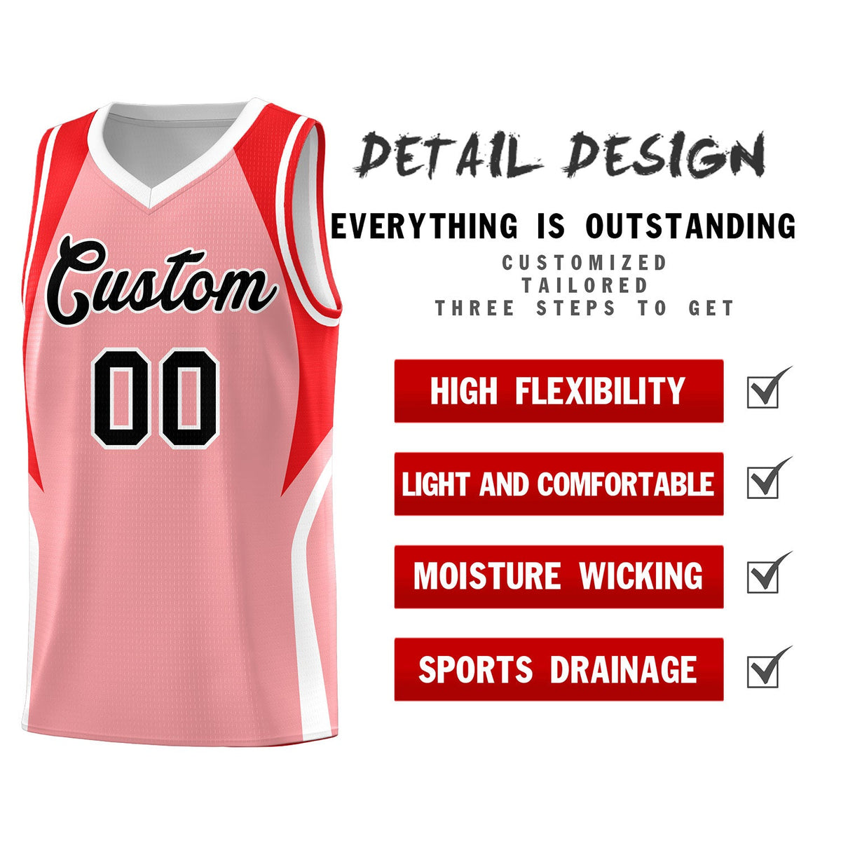 Custom Light Pink Red and White Color Block Sports Uniform Basketball Jersey