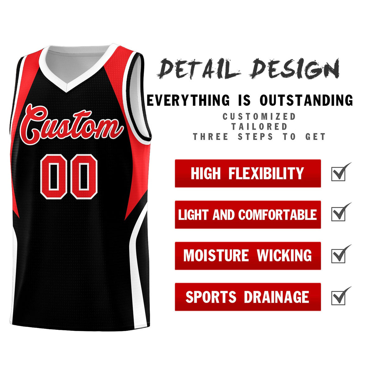 Custom Black Red and White Color Block Sports Uniform Basketball Jersey