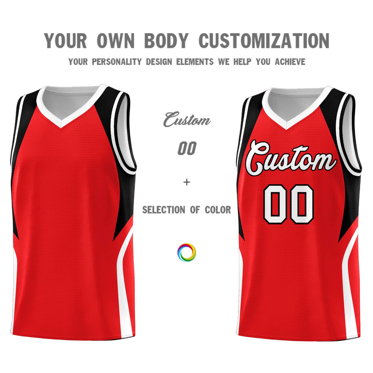 Custom Red Black and White Color Block Sports Uniform Basketball Jersey