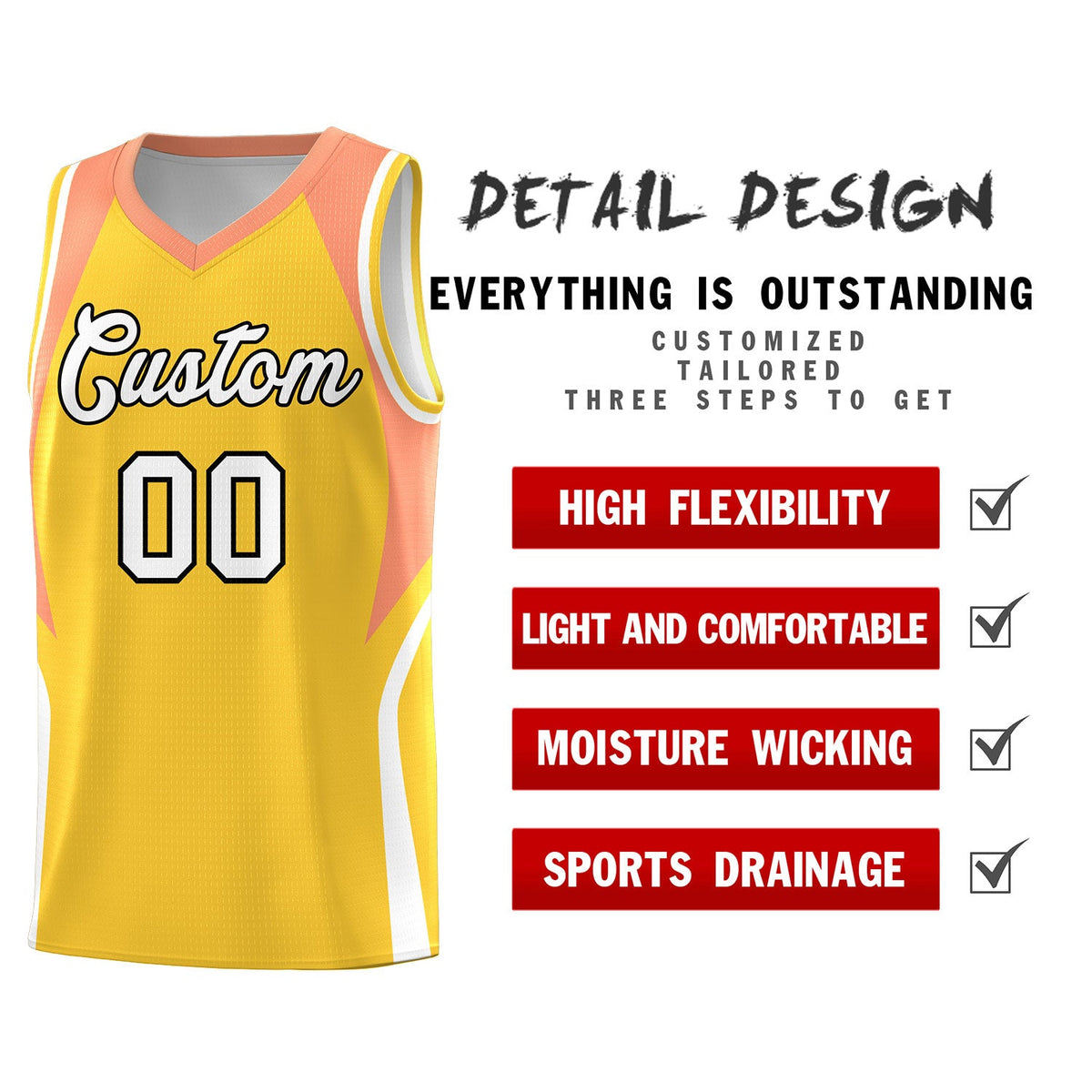 Custom Gold Orange and White Color Block Sports Uniform Basketball Jersey