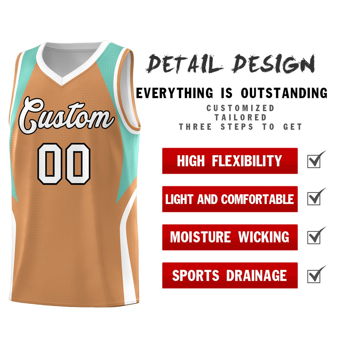Custom Buckskin Brown Blue and White Color Block Sports Uniform Basketball Jersey