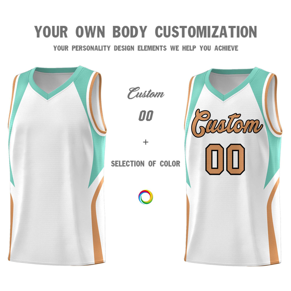 Custom White Blue and Buckskin Brown Color Block Sports Uniform Basketball Jersey