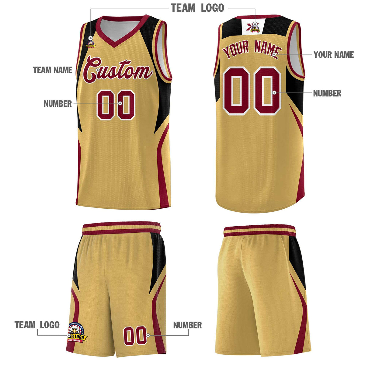 Custom Old Gold Black and Crimson Color Block Sports Uniform Basketball Jersey