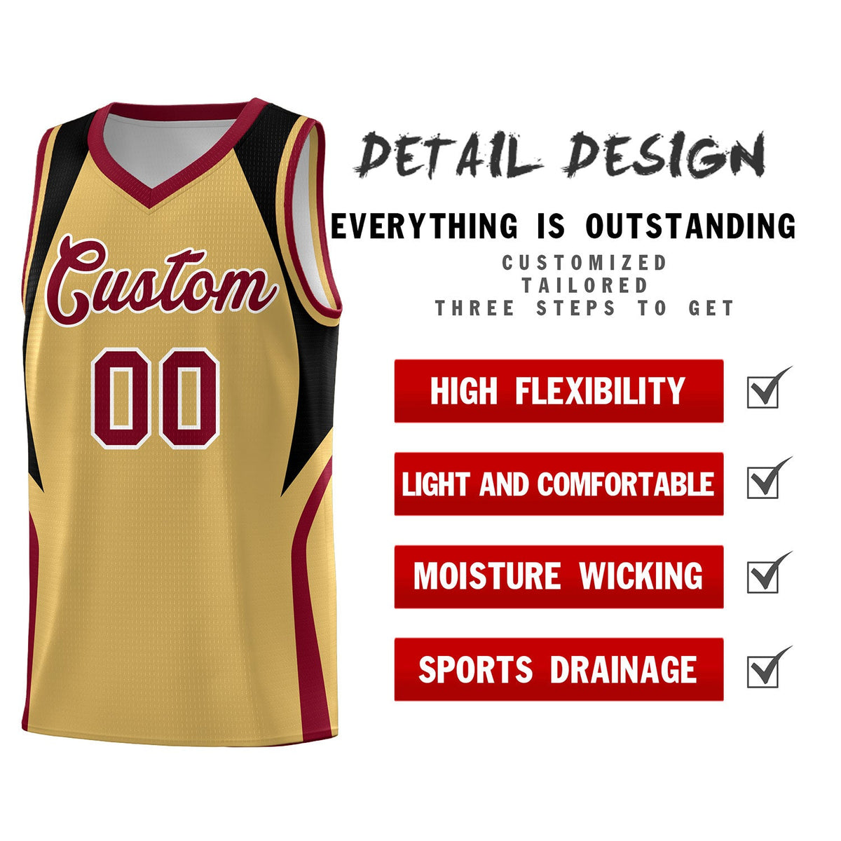 Custom Old Gold Black and Crimson Color Block Sports Uniform Basketball Jersey