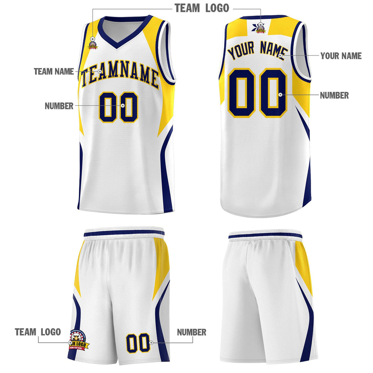 Custom White Navy and Gold Color Block Sports Uniform Basketball Jersey