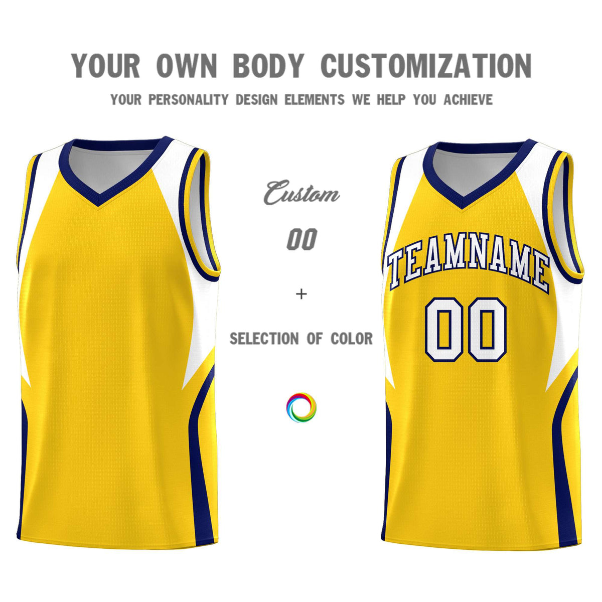 Custom Gold White and Navy Color Block Sports Uniform Basketball Jersey