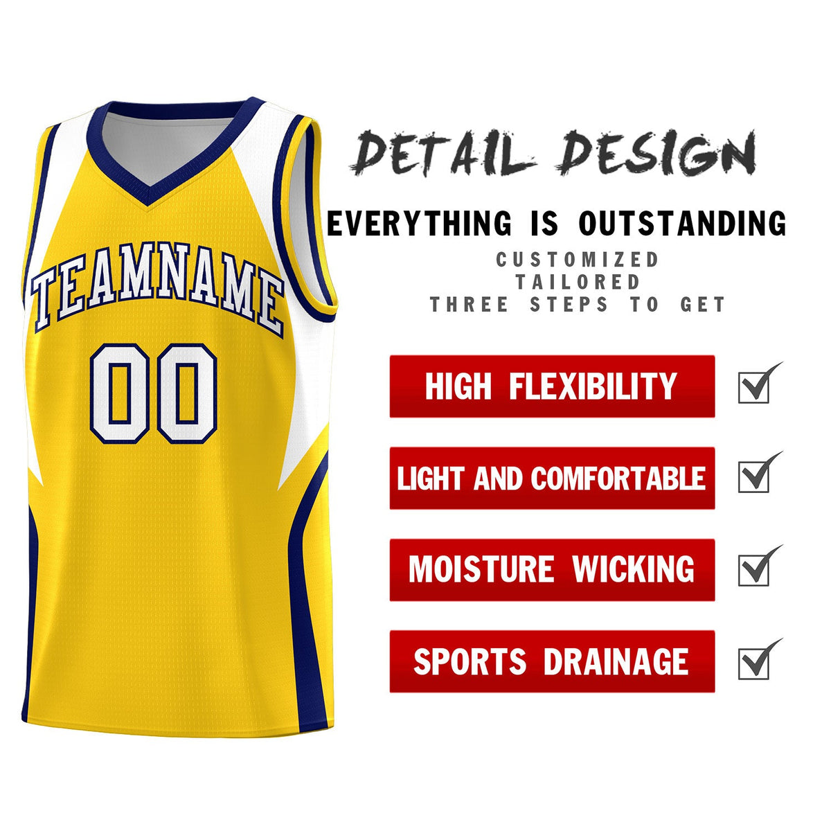 Custom Gold White and Navy Color Block Sports Uniform Basketball Jersey
